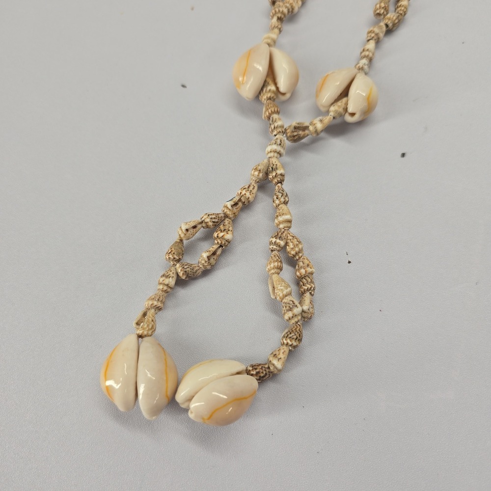 Vintage Natural Cowrie Shell Long Lariat Necklace Boho Coastal Cream Tan - Picture 5 of 6